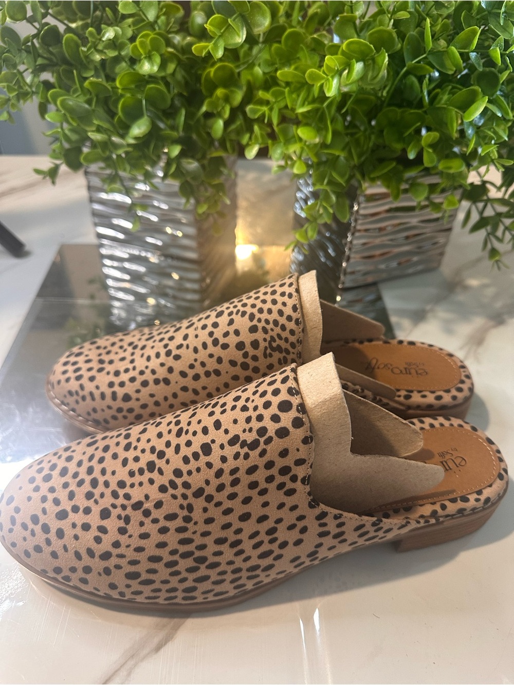 Leisure Cheetah-Spot Slip-On Mules in Tan